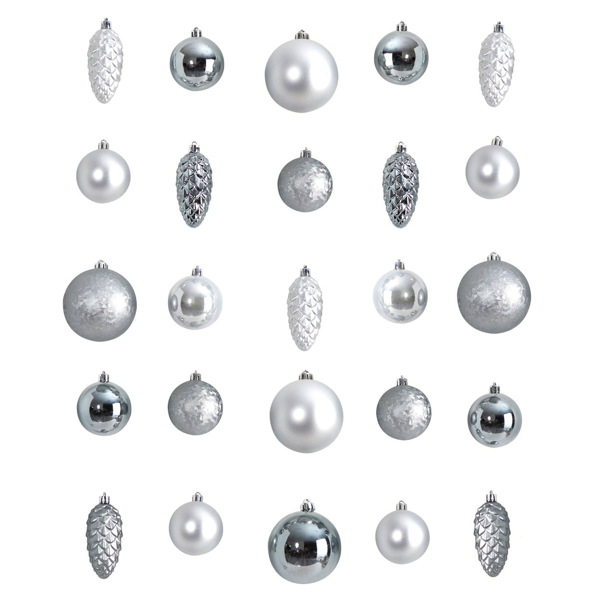 Ornament set Nearly Natural 23-count Lux silver shatterproof ornaments with matte finishes on Tampa Home & Garden Store