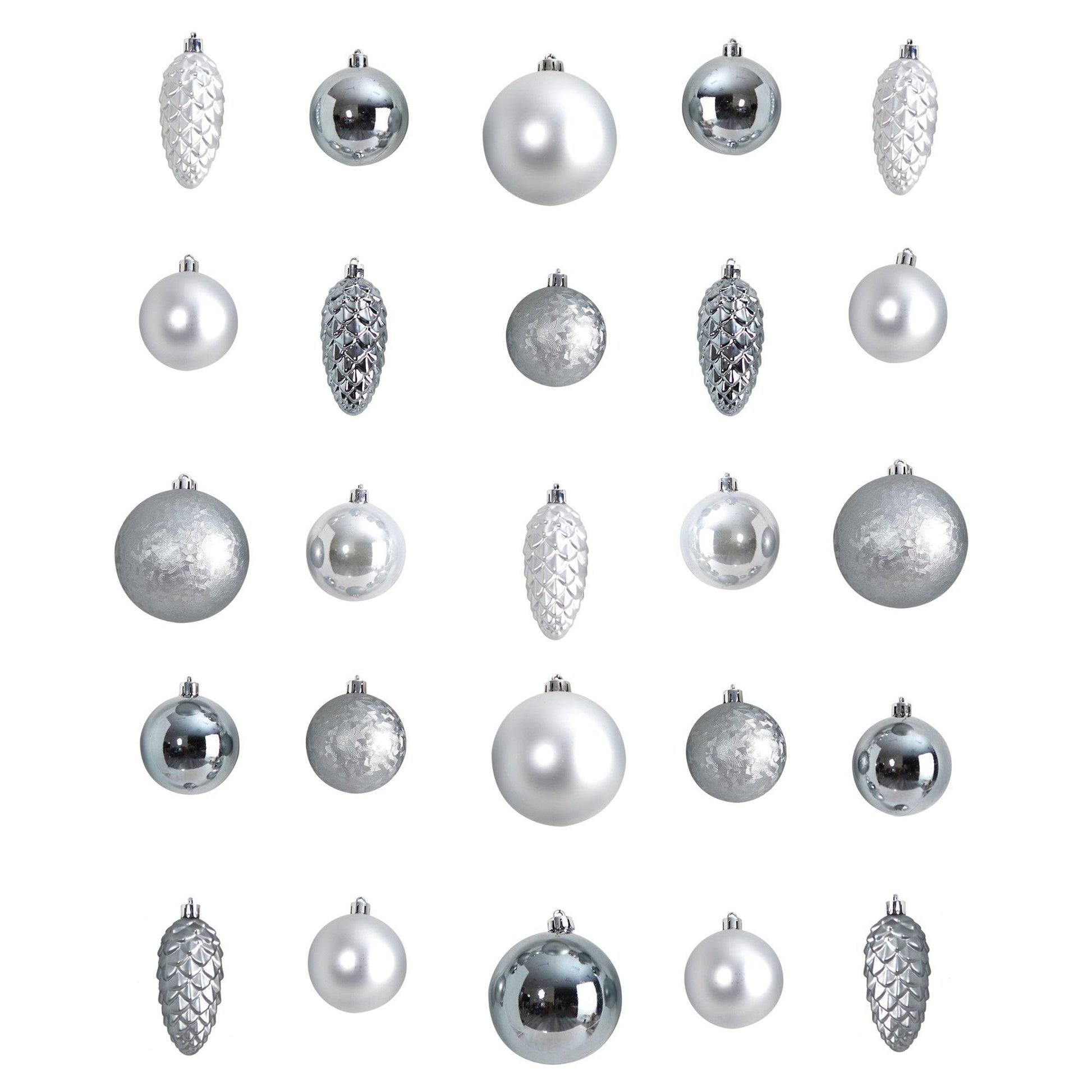 Ornament set Nearly Natural 23-count Lux silver shatterproof ornaments with matte finishes on Tampa Home & Garden Store