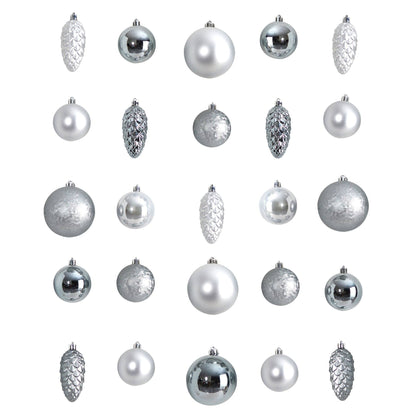 Ornament set Nearly Natural 23-count Lux silver shatterproof ornaments with matte finishes on Tampa Home & Garden Store