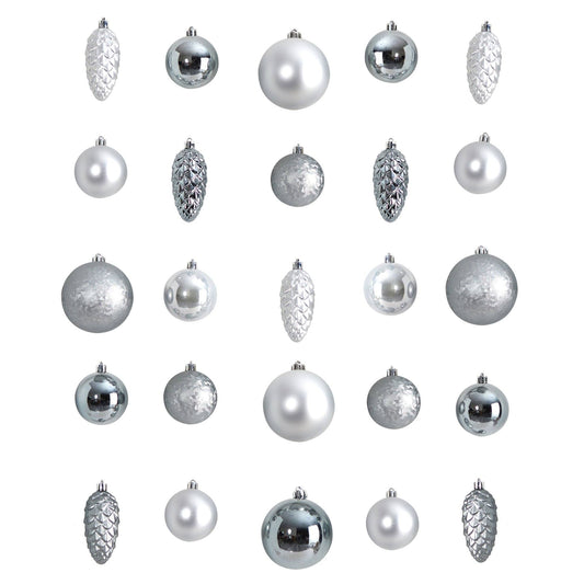 Ornament set Nearly Natural 23-count Lux silver shatterproof ornaments with matte finishes on Tampa Home & Garden Store