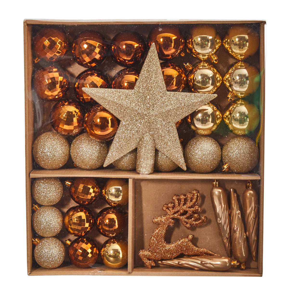Nearly Natural Lux shatterproof ornament set, 40-count copper/gold with reusable storage container on Tampa Home & Garden Store