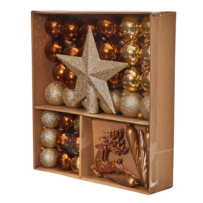 Nearly Natural Shatterproof Ornaments, brown and gold with glitter, reusable storage container on Tampa Home & Garden Store
