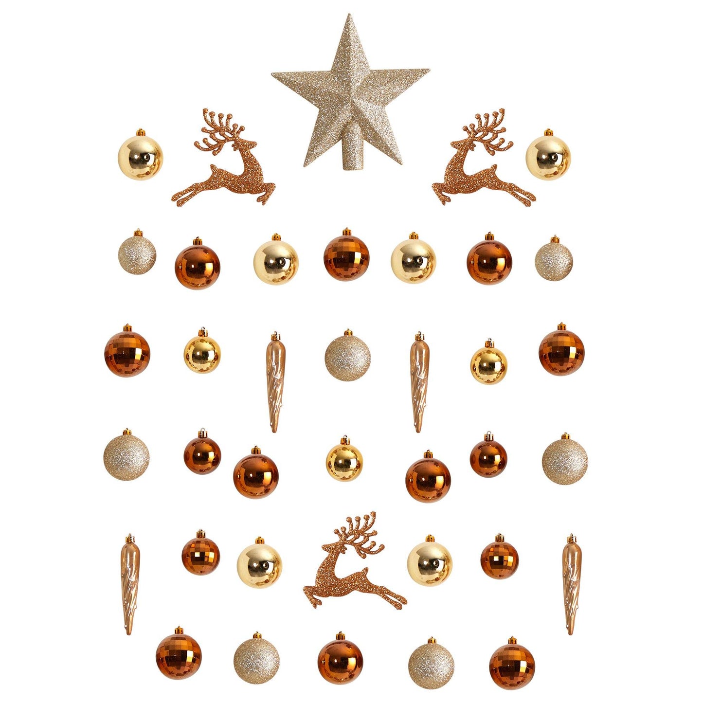 Ornament set 40-count Lux shatterproof Nearly Natural with star and reindeer gold baubles on Tampa Home & Garden Store