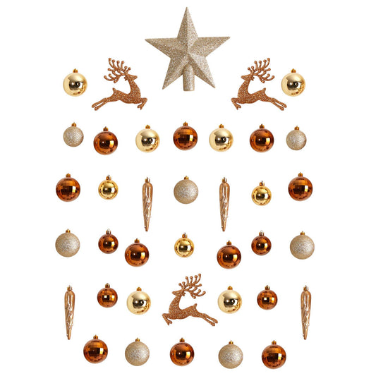 Ornament set 40-count Lux shatterproof Nearly Natural with star and reindeer gold baubles on Tampa Home & Garden Store