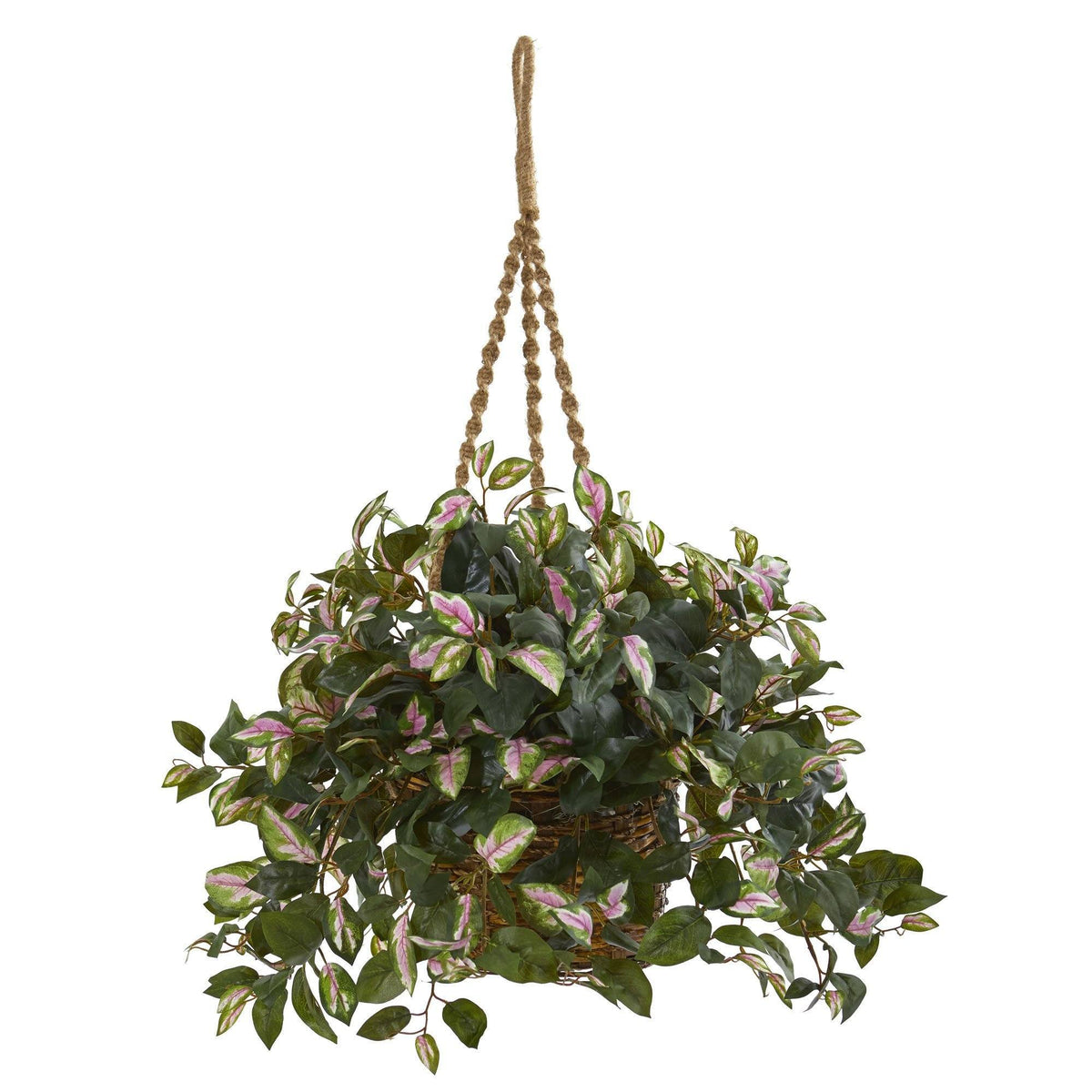 Hoya artificial plant hanging basket with rope hanger and variegated pink-green leaves on Tampa Home & Garden Store
