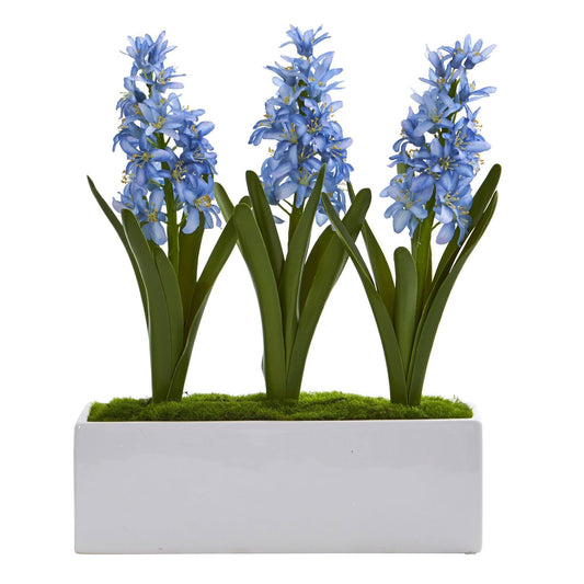 Hyacinth artificial arrangement in white vase with blue blossoms three stems Nearly Natural on Tampa Home & Garden Store