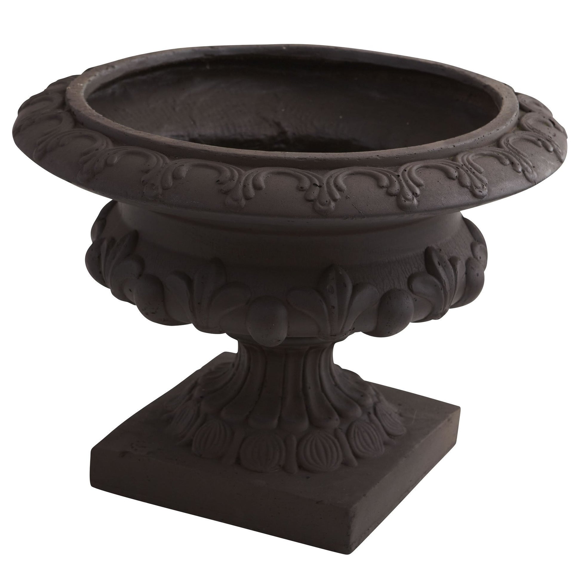 Iron finished urn by Nearly Natural with ornate scroll rim for indoor outdoor use, dark patina on Tampa Home & Garden Store