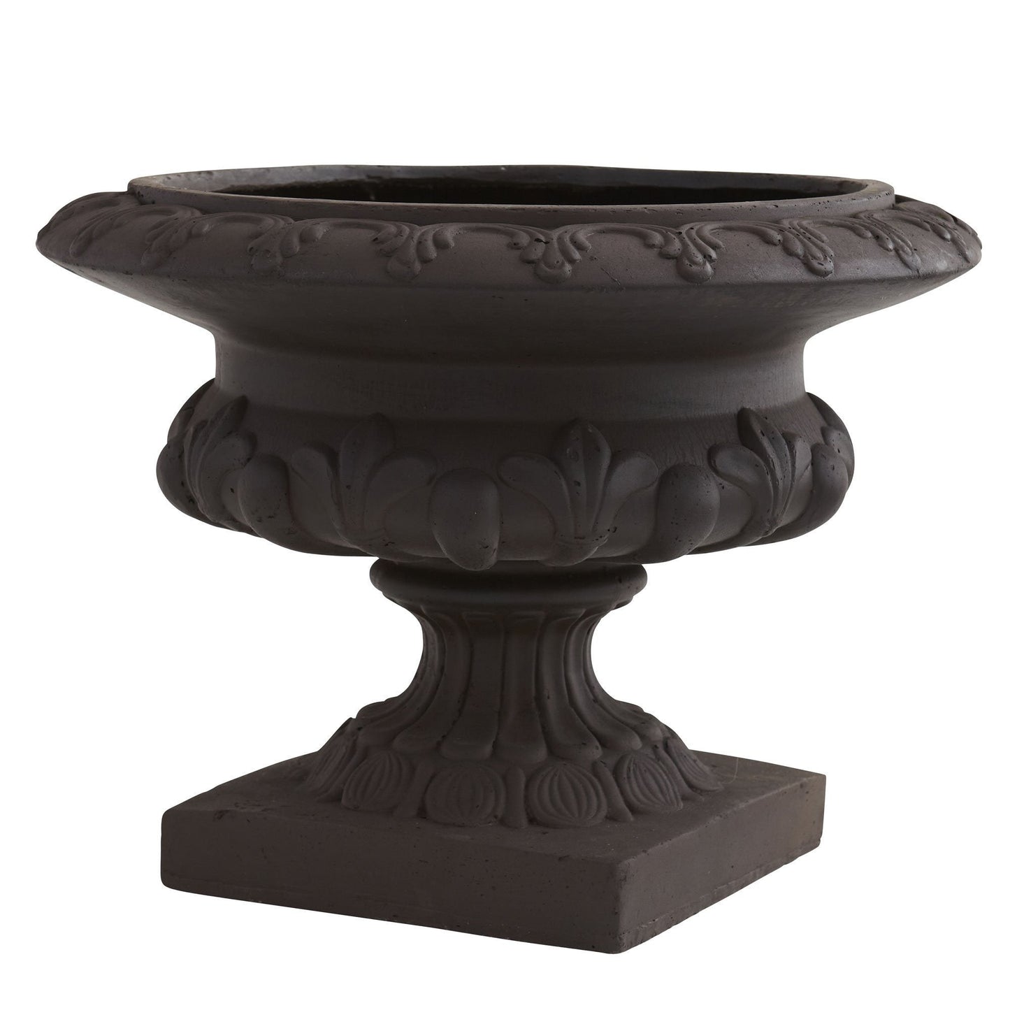 Iron finished decorative urn by Nearly Natural with ornate leaf pattern, dark outdoor urn on Tampa Home & Garden Store