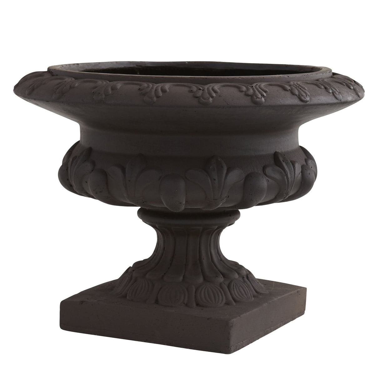 Iron finished decorative urn by Nearly Natural with ornate leaf pattern, dark outdoor urn on Tampa Home & Garden Store