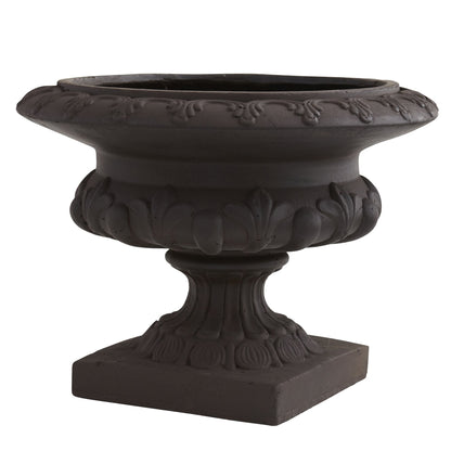 Iron finished decorative urn by Nearly Natural with ornate leaf pattern, dark outdoor urn on Tampa Home & Garden Store