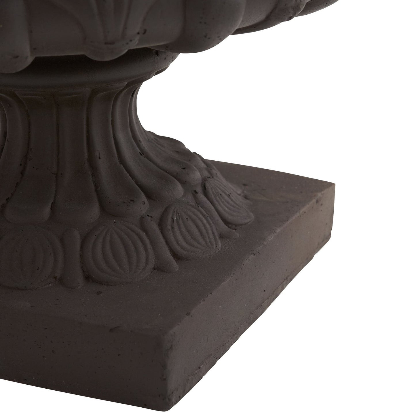 Iron-finished decorative urn with leaf relief for indoor outdoor use on Tampa Home & Garden Store