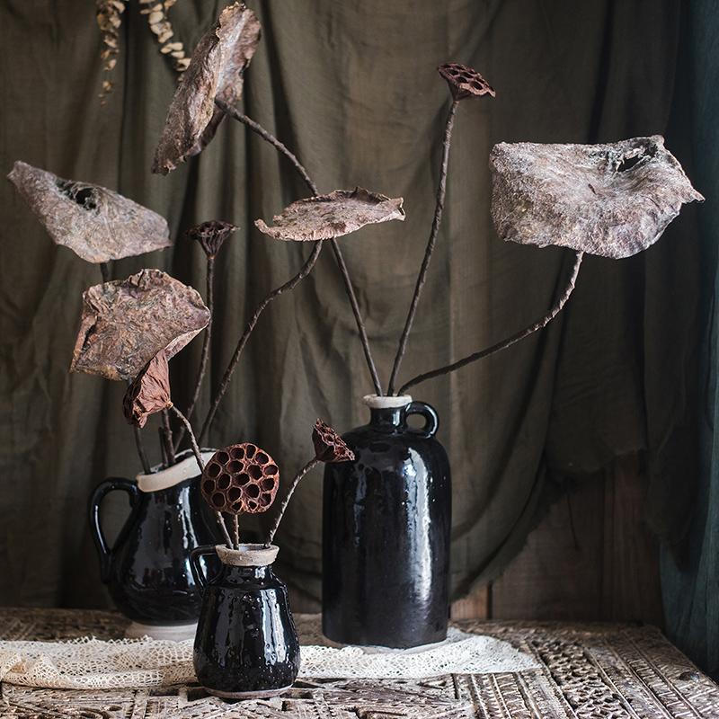 Artificial Lotus Dried Leaf and Pod arrangement in three black ceramic vases by RusticReach on Tampa Home & Garden Store