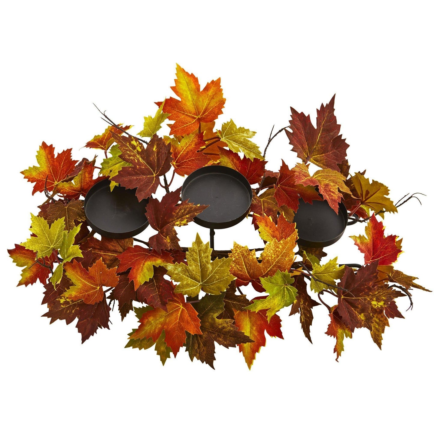 Maple Leaf Artificial Arrangement Candelabrum with autumn leaves and black cups by Nearly Natural on Tampa Home & Garden Store