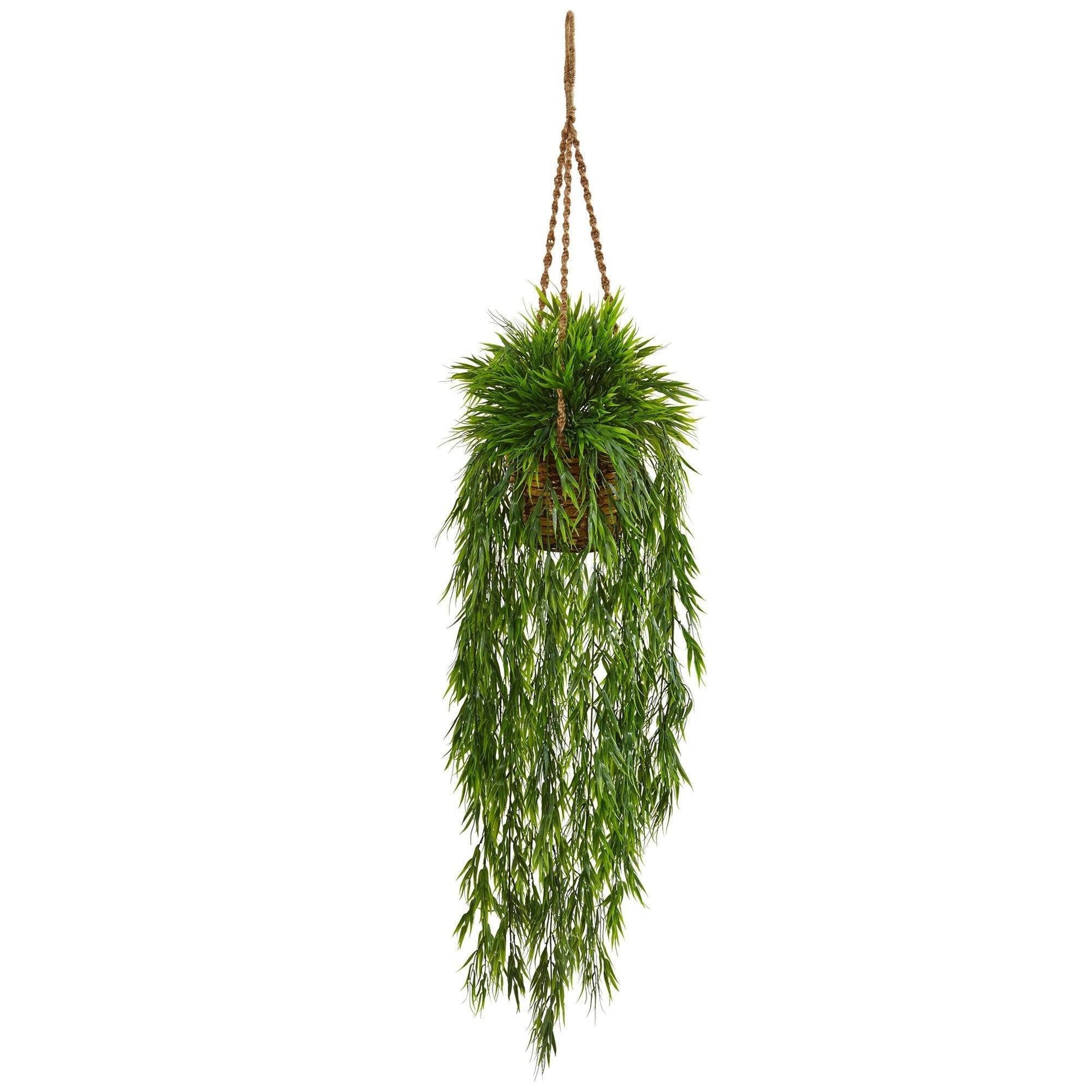 Mini Bamboo Hanging Basket by Nearly Natural with green faux foliage and braided rope hanger on Tampa Home & Garden Store