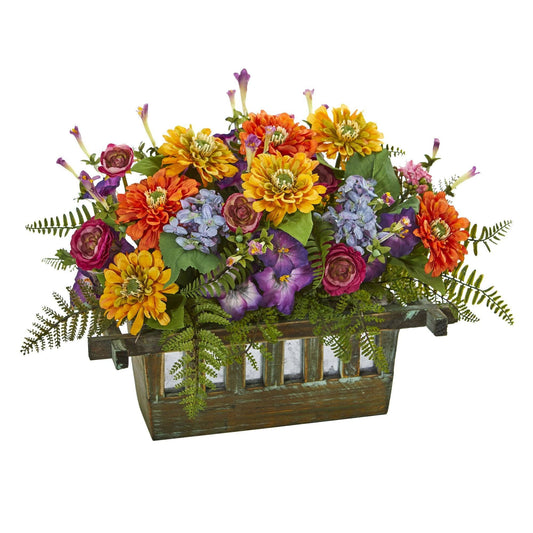 Arreglo floral artificial mixto en maceta rectangular de madera
