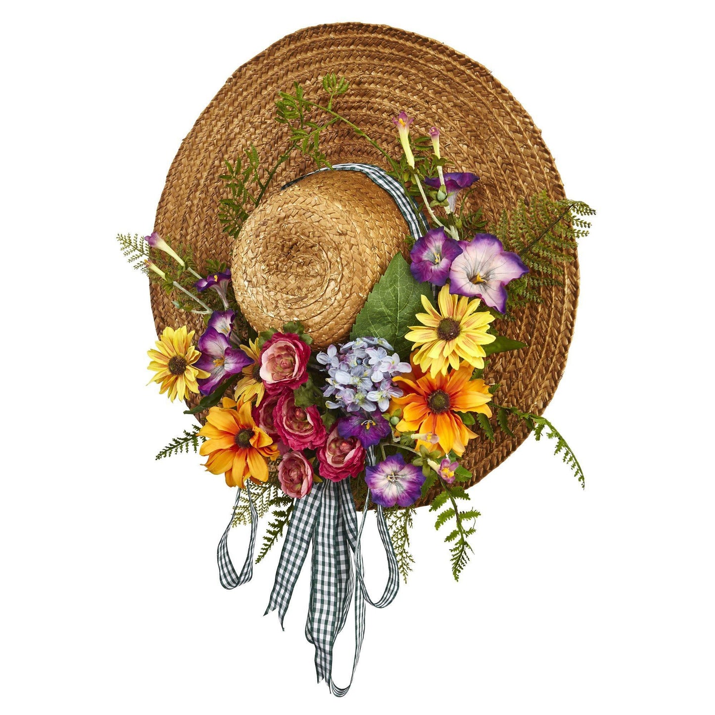 Mixed Flower Hat Wreath woven straw hat with yellow and purple flowers and gingham ribbon on Tampa Home & Garden Store