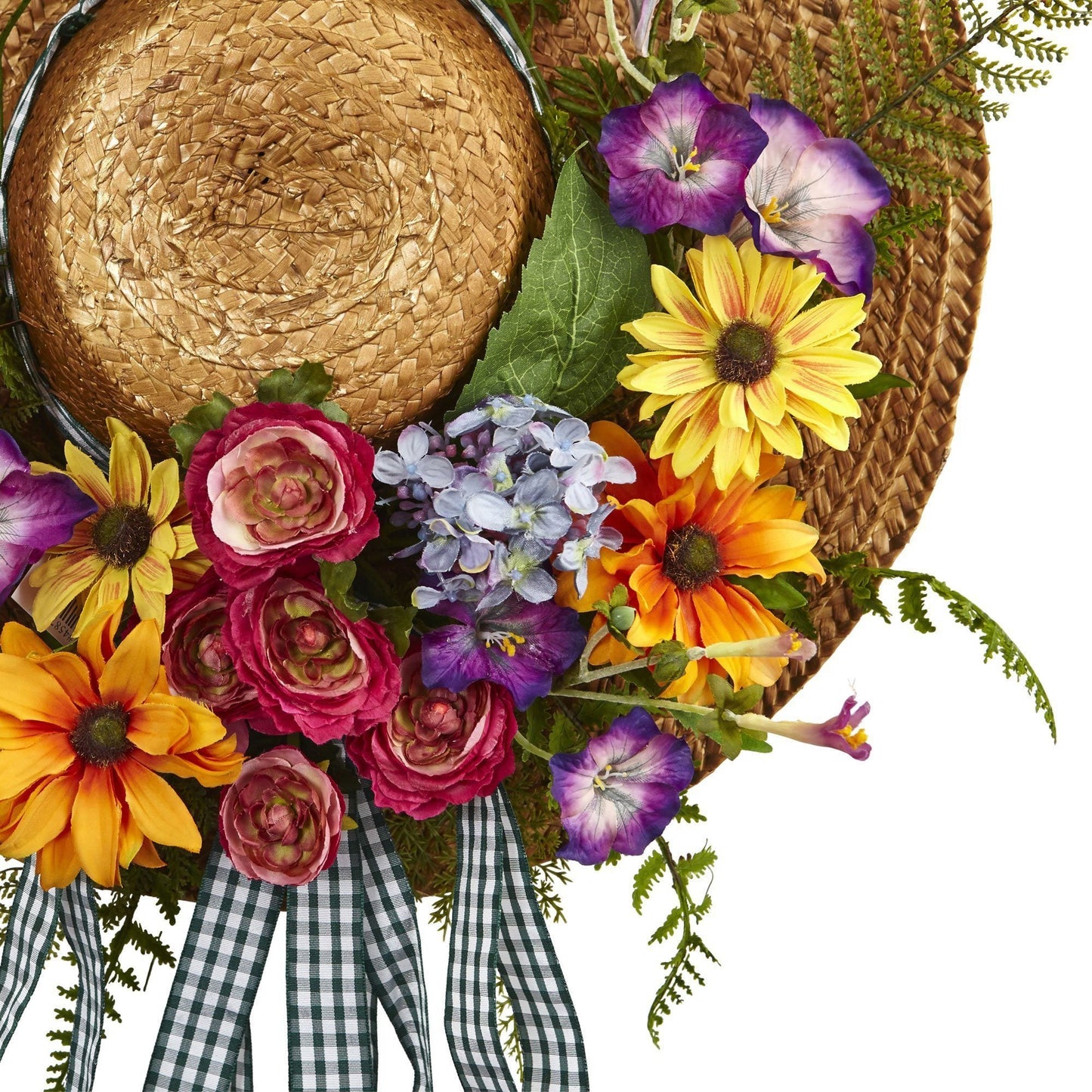 Mixed Flower Hat Wreath by Nearly Natural with a woven straw base and colorful blooms on Tampa Home & Garden Store