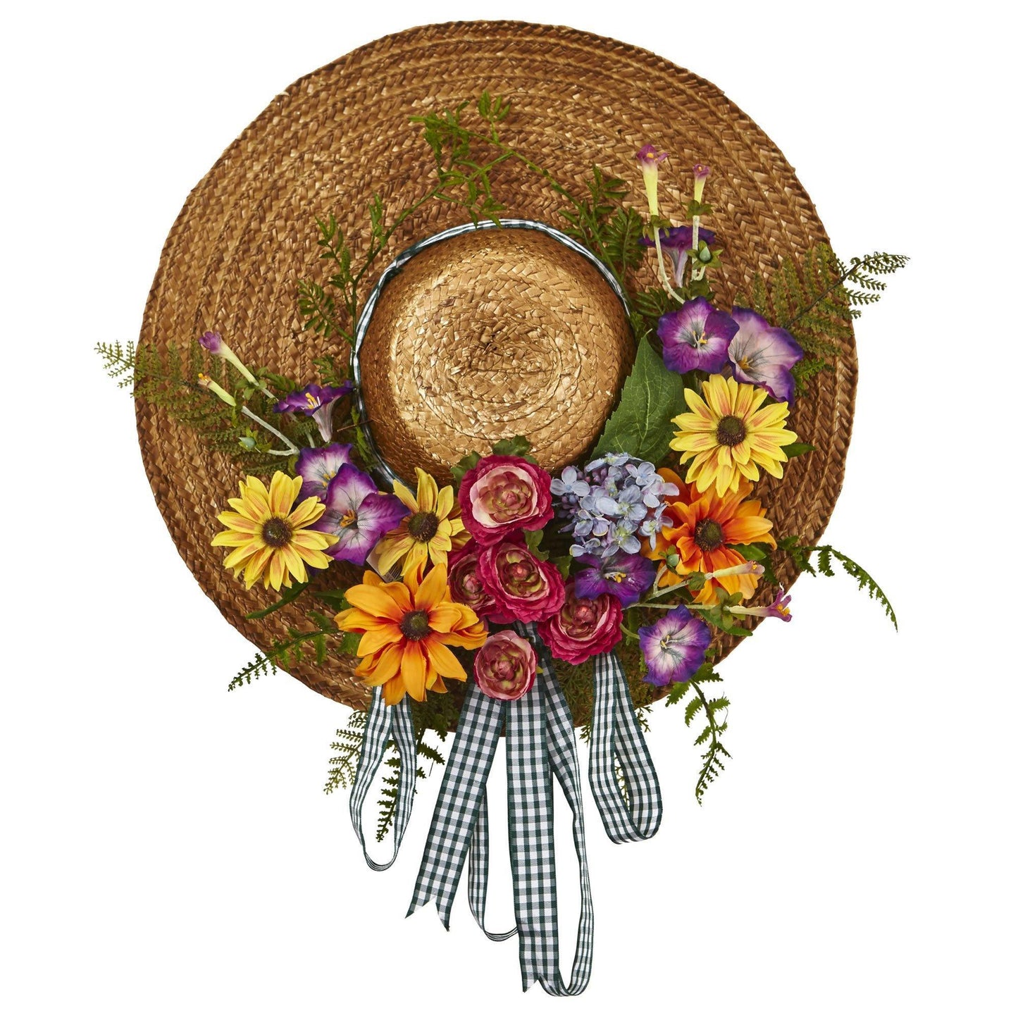 Mixed Flower Hat Wreath by Nearly Natural on straw base with blooms and gingham ribbon on Tampa Home & Garden Store