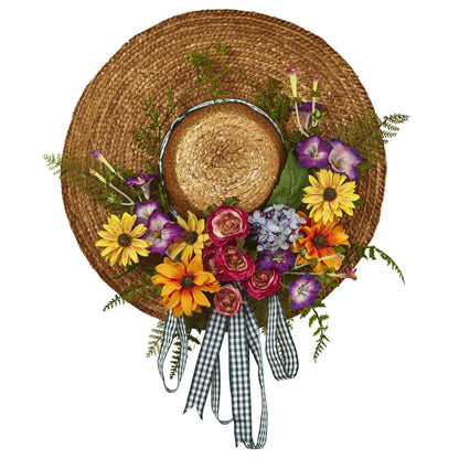 Mixed Flower Hat Wreath by Nearly Natural on straw base with blooms and gingham ribbon on Tampa Home & Garden Store