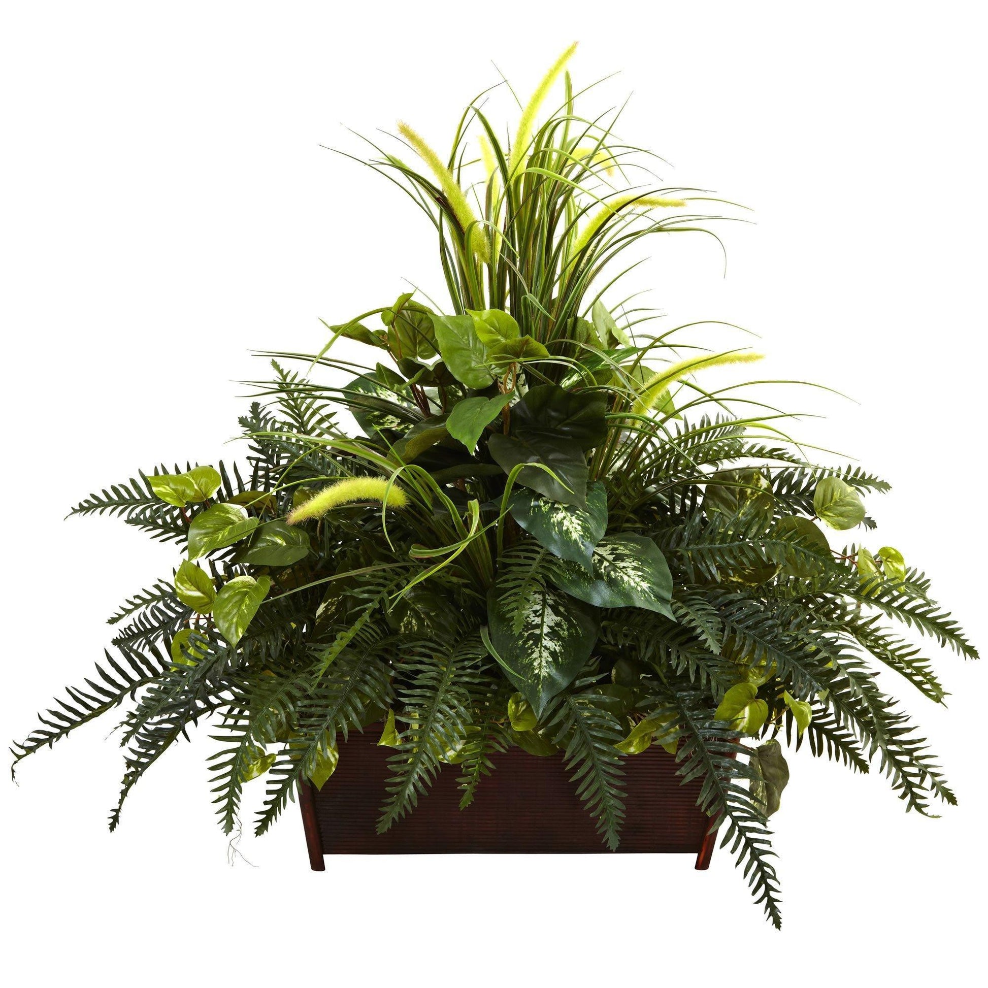 Mixed Grass & River Fern with Wood Planter by Nearly Natural, lush green faux foliage on Tampa Home & Garden Store