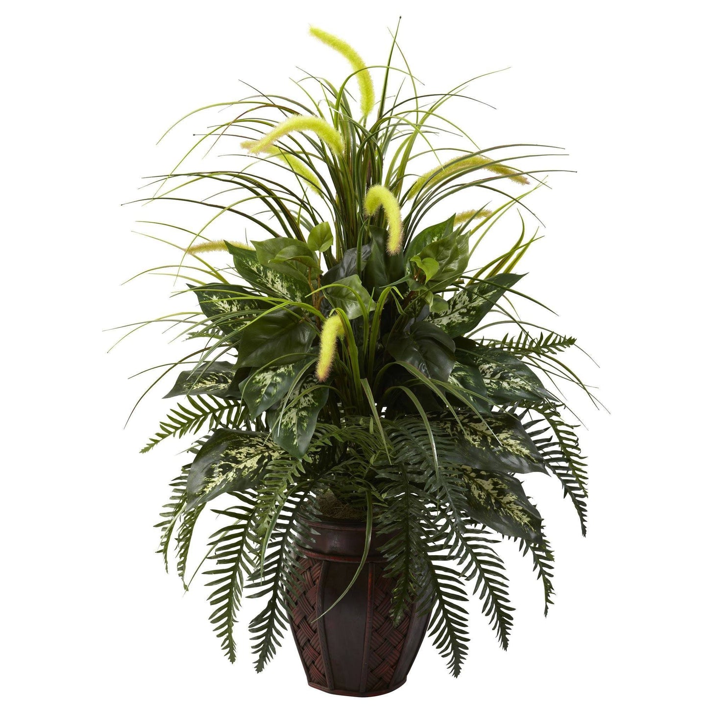 Mixed greens and cattails arrangement in dark brown wicker planter by Nearly Natural on Tampa Home & Garden Store