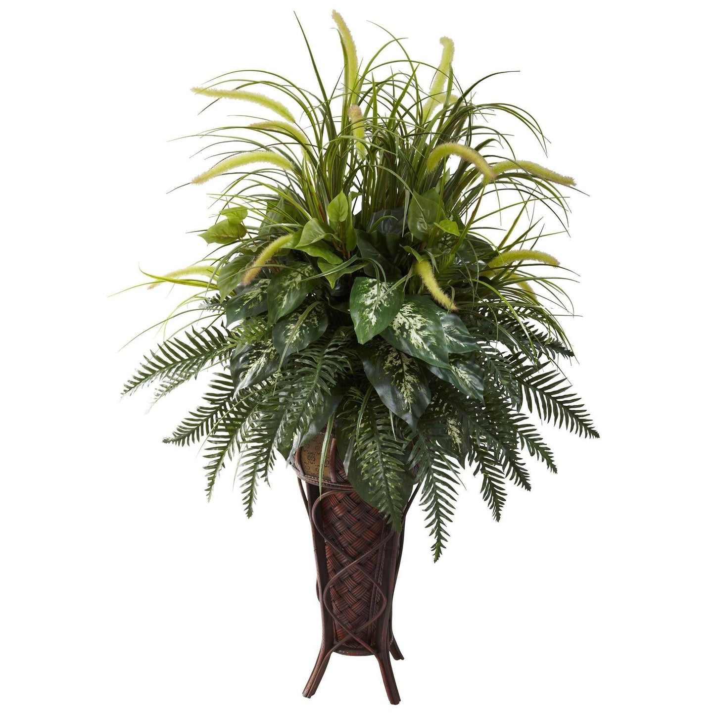 Nearly Natural Mixed Greens & Cattails with Stand Planter in a tall woven basket on Tampa Home & Garden Store