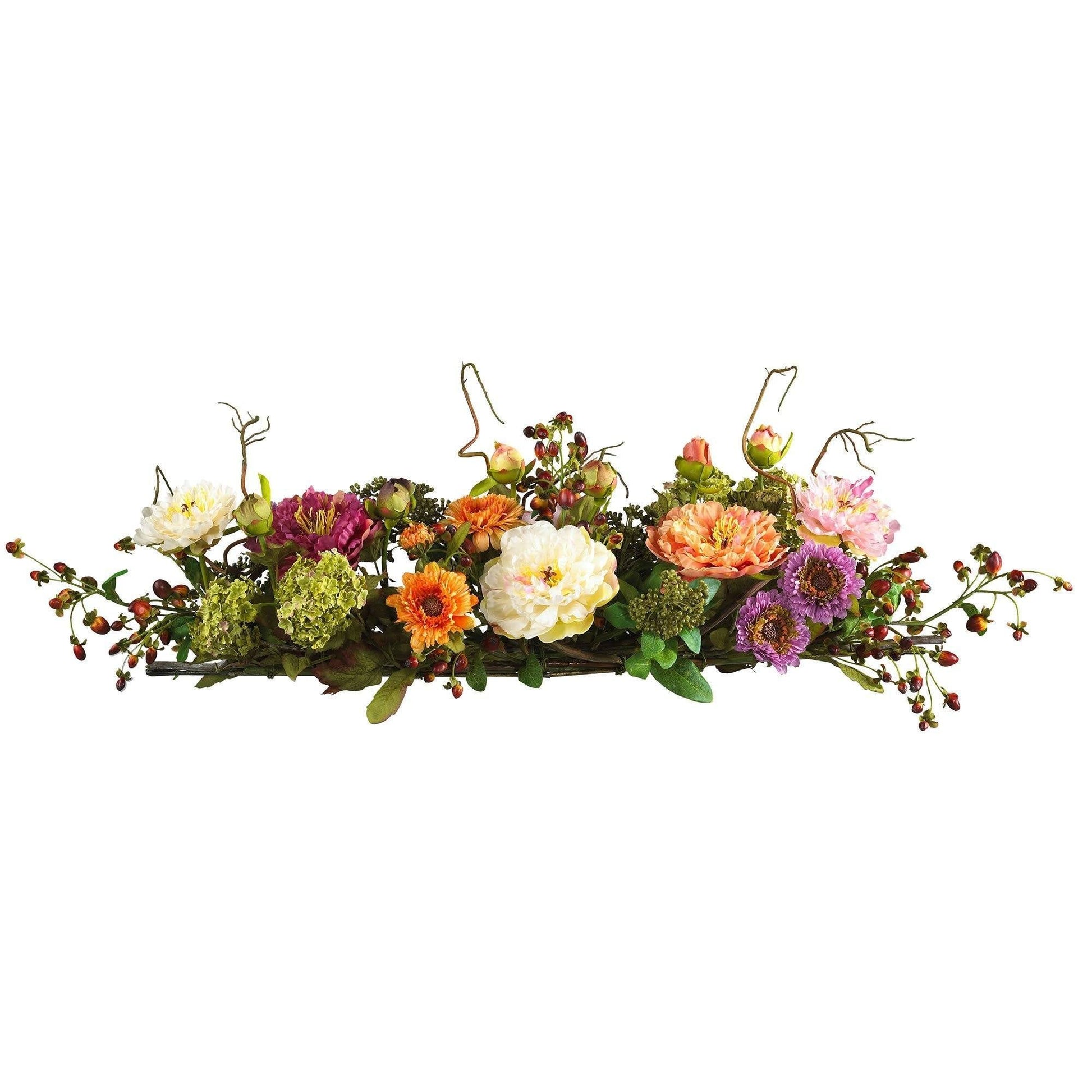 Mixed Peony Centerpiece Silk Flower Arrangement with bright blooms and greenery in a basket on Tampa Home & Garden Store