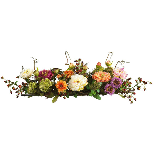 Mixed Peony Centerpiece Silk Flower Arrangement with bright blooms and greenery in a basket on Tampa Home & Garden Store
