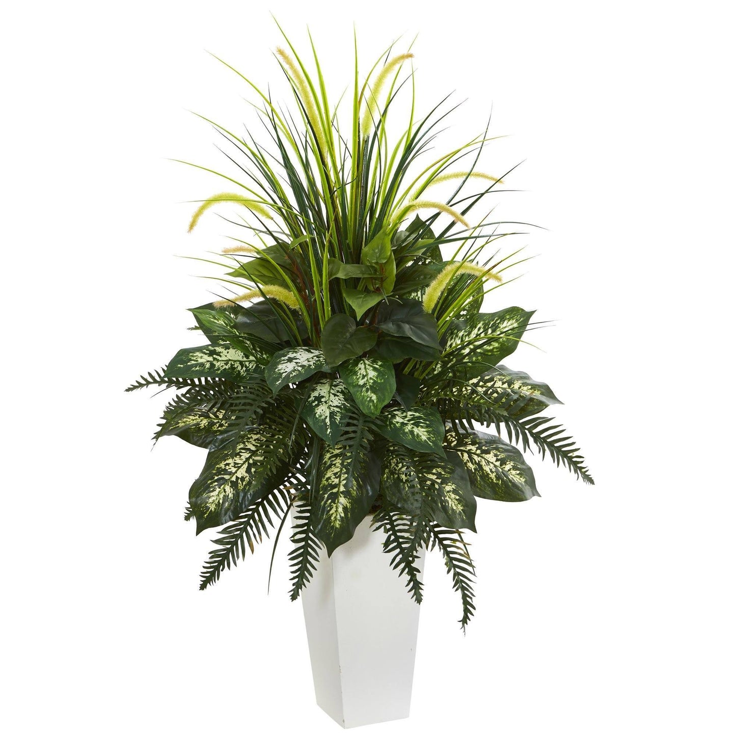 Artificial plant Mixed River Fern and Dogtail in a white tower planter with green leaves on Tampa Home & Garden Store