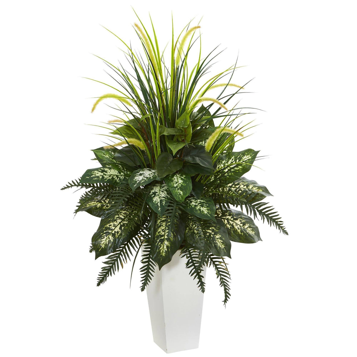 Artificial plant Mixed River Fern and Dogtail in a white tower planter with green leaves on Tampa Home & Garden Store