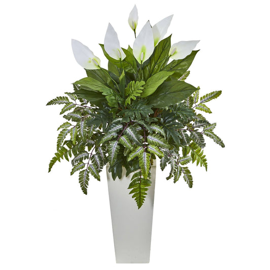 Planta Artificial Mixta de Spathiphyllum en Jarrón Torre Blanco
