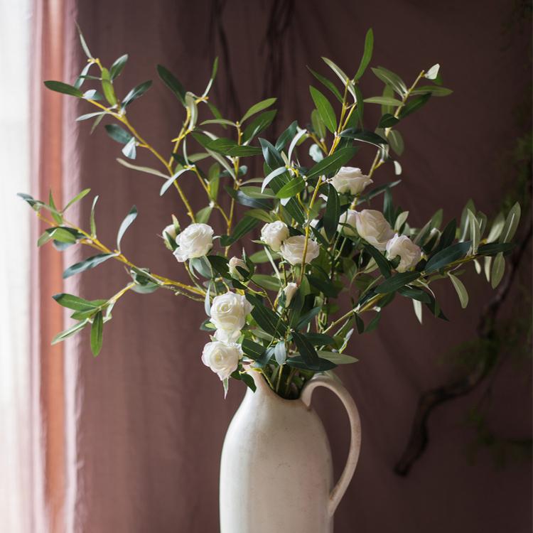 Artificial Faux Olive Leaf Stem with white roses in a white ceramic pitcher RusticReach on Tampa Home & Garden Store