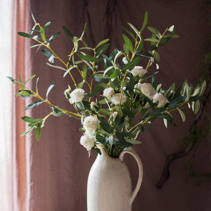 Artificial Faux Olive Leaf Stem with white roses in a white ceramic pitcher RusticReach on Tampa Home & Garden Store