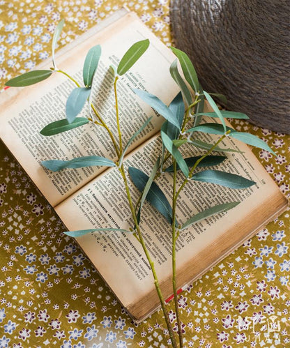 Artificial Faux Olive Leaf Stem by RusticReach, blue-green leaves on two stems atop a book on Tampa Home & Garden Store
