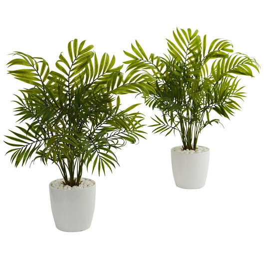 Palms in White Planter artificial plant set of 2 in white pots with pebbles Nearly Natural on Tampa Home & Garden Store