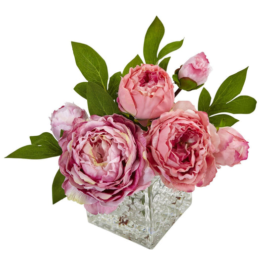 Peony bouquet in a clear textured glass vase with green leaves by Nearly Natural on Tampa Home & Garden Store
