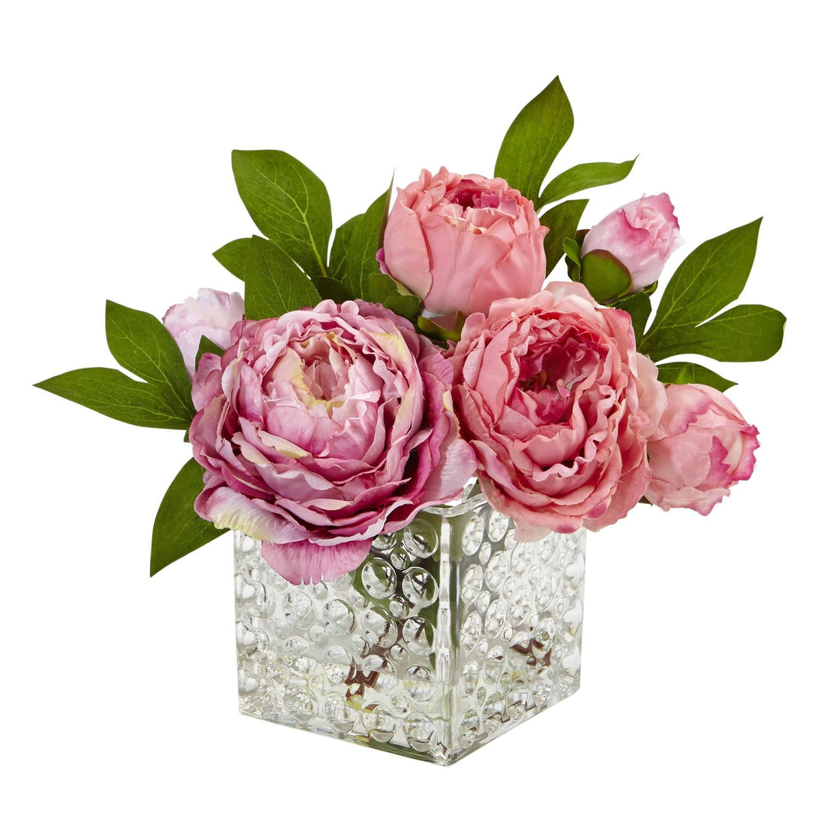 Peony in glass vase with pink blooms and green leaves by Nearly Natural on Tampa Home & Garden Store