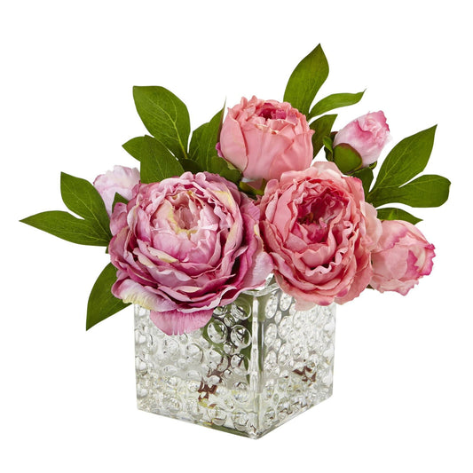 Peony in glass vase with pink blooms and green leaves by Nearly Natural on Tampa Home & Garden Store