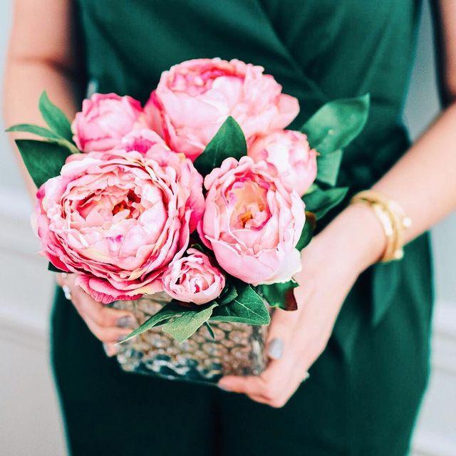 Peony in Glass Vase bouquet with pink peonies and green leaves Nearly Natural on Tampa Home & Garden Store