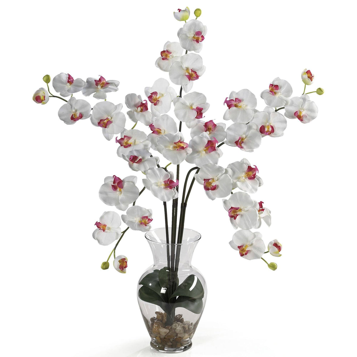 Phalaenopsis Liquid Illusion silk flower arrangement in white with pink centers in vase on Tampa Home & Garden Store