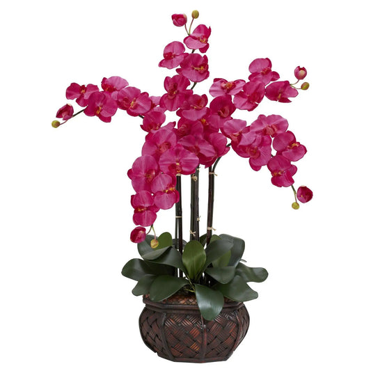 Phalaenopsis silk orchid arrangement by Nearly Natural in woven basket planter magenta blooms on Tampa Home & Garden Store
