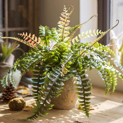 Artificial Big Rock Fern Stem 22 in tall, lush green fern in a textured beige pot by RusticReach on Tampa Home & Garden Store