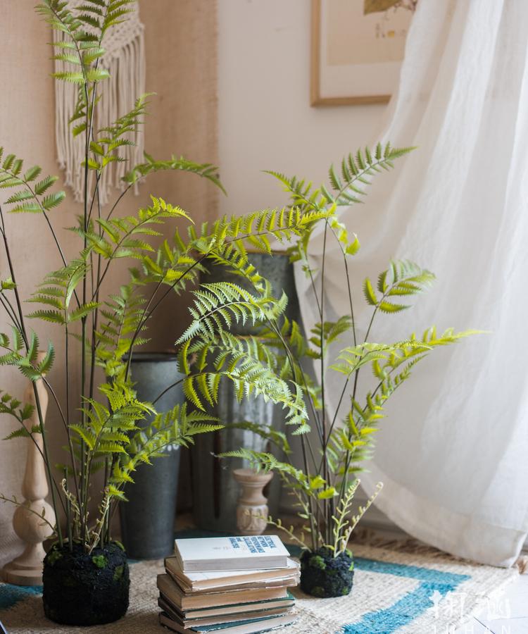 Artificial Eagle Fern Bulk Plant by RusticReach, two green faux ferns in black moss bases on Tampa Home & Garden Store