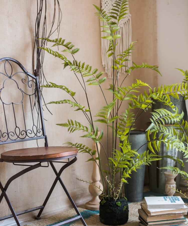 Artificial Faux Eagle Fern Bulk Plant by RusticReach with bright green fronds in a moss ball pot on Tampa Home & Garden Store