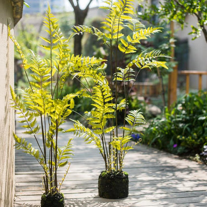 Two artificial eagle fern plants with yellow-green fronds in pots by RusticReach on deck on Tampa Home & Garden Store