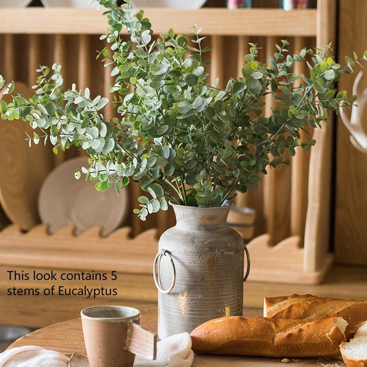 Artificial eucalyptus stems, 5-piece RusticReach, green, 26 inches tall in a gray vase on Tampa Home & Garden Store