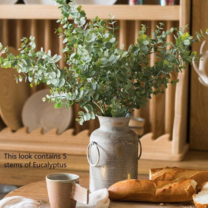 Artificial eucalyptus stems, 5-piece RusticReach, green, 26 inches tall in a gray vase on Tampa Home & Garden Store
