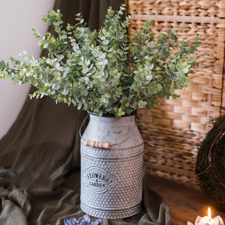 Artificial eucalyptus stem, green 26in tall in a galvanized metal vase with wooden handle on Tampa Home & Garden Store