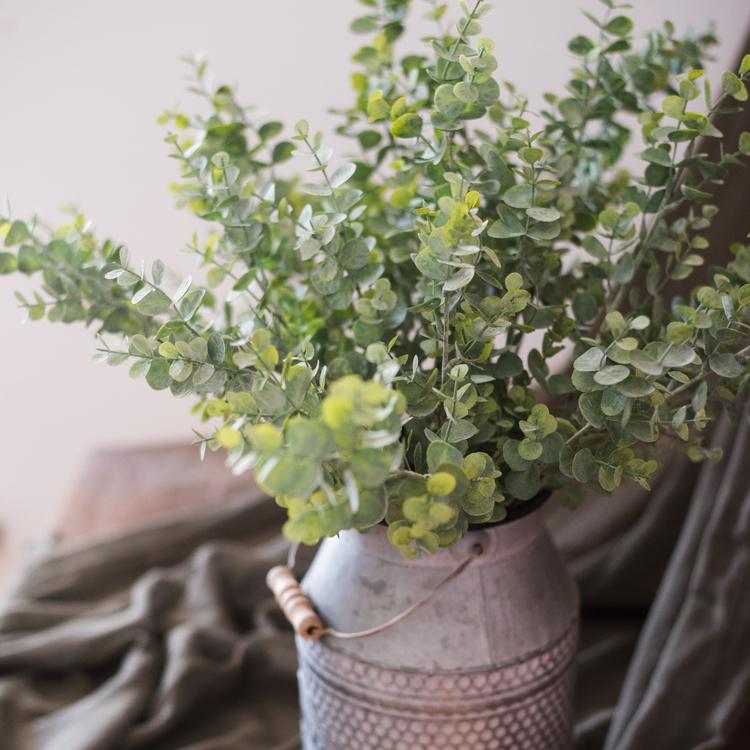 Artificial eucalyptus stem by RusticReach, green faux plant in a gray metal vase, 26 inches tall on Tampa Home & Garden Store