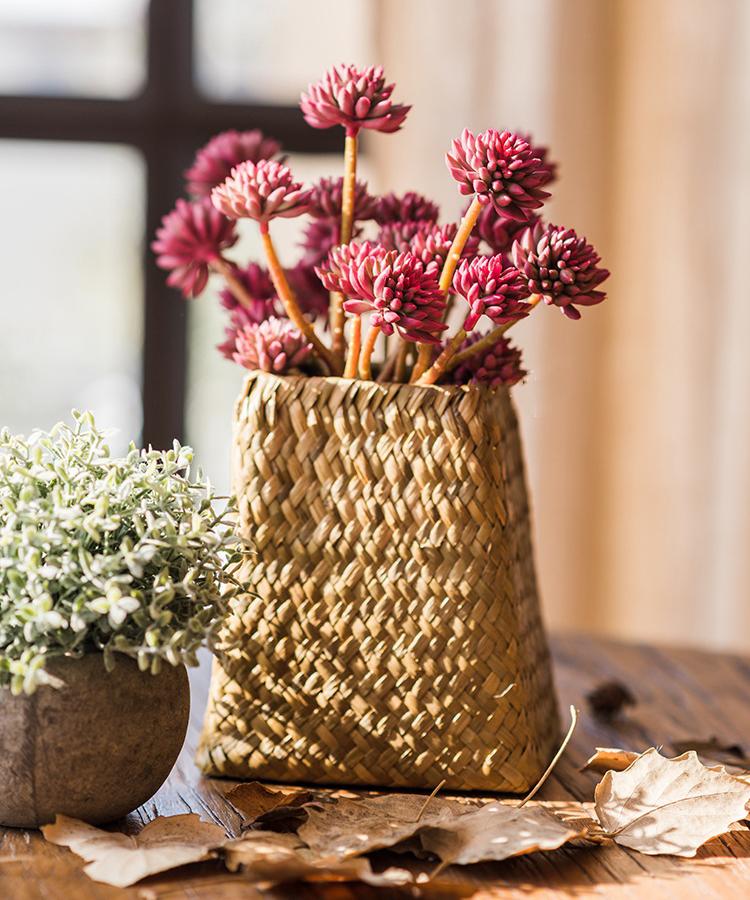 Artificial Plant Faux Succulent Stem Set in Red, 13 in tall, RusticReach woven basket vase on Tampa Home & Garden Store
